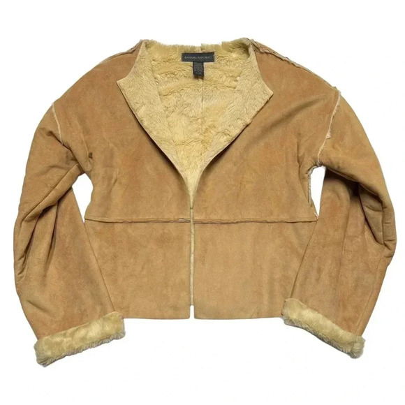 {Banana Republic} Faux Suede Fur Shearling Open Drape Front Cropped Jacket Coat - Picture 1 of 4